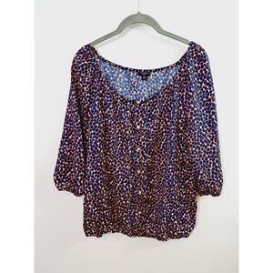 Ann Taylor Petite Women's Blue Orange Print Blouse 3/4 Sleeve Size MP
